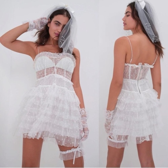 For Love & Lemons Coquette Jules Mini Dress in White Medium Corset Ruffles Lace - Picture 1 of 11